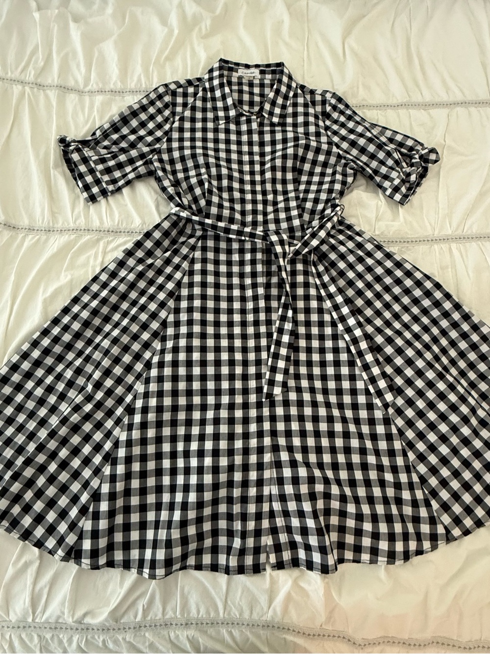 Calvin Klein Black and White Gingham High-Low Dress with Tie Waist - Picture 3 of 6